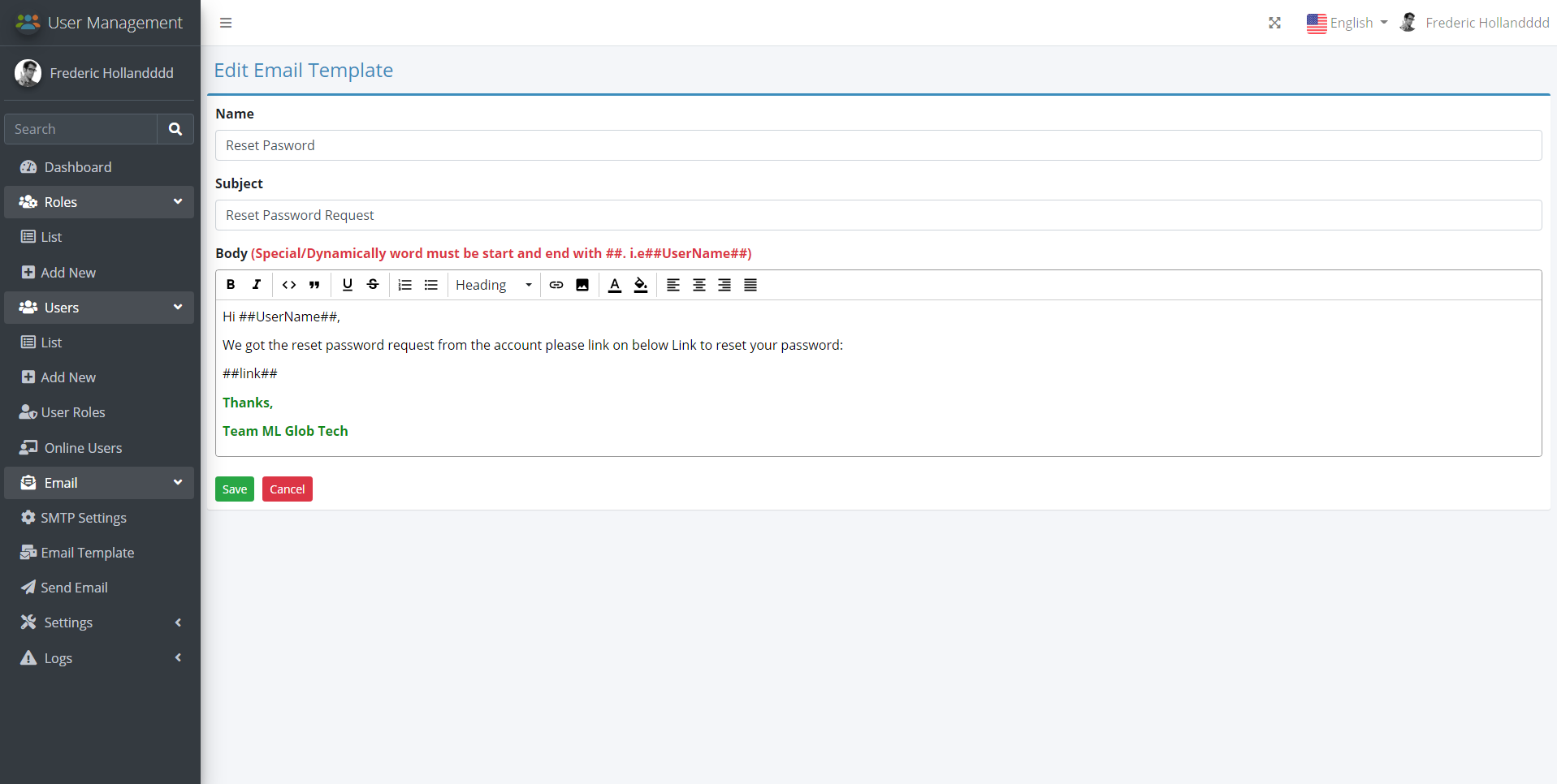 Add/Update Email Template